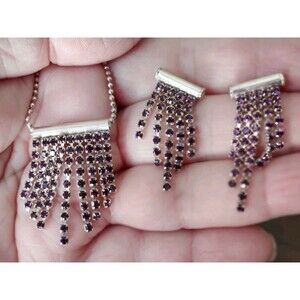 Vintage 925 Sterling Silver Amethyst 18" Necklace & Earrings Set Italy Signed